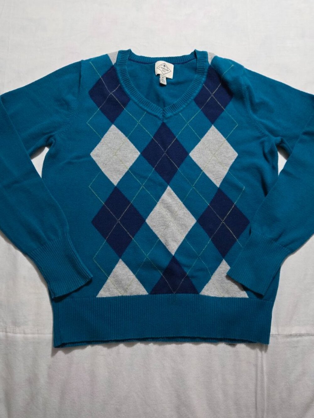 St. John's Bay 100% Cotton Argyle V-Neck Sweater Teal Navy Gray Medium